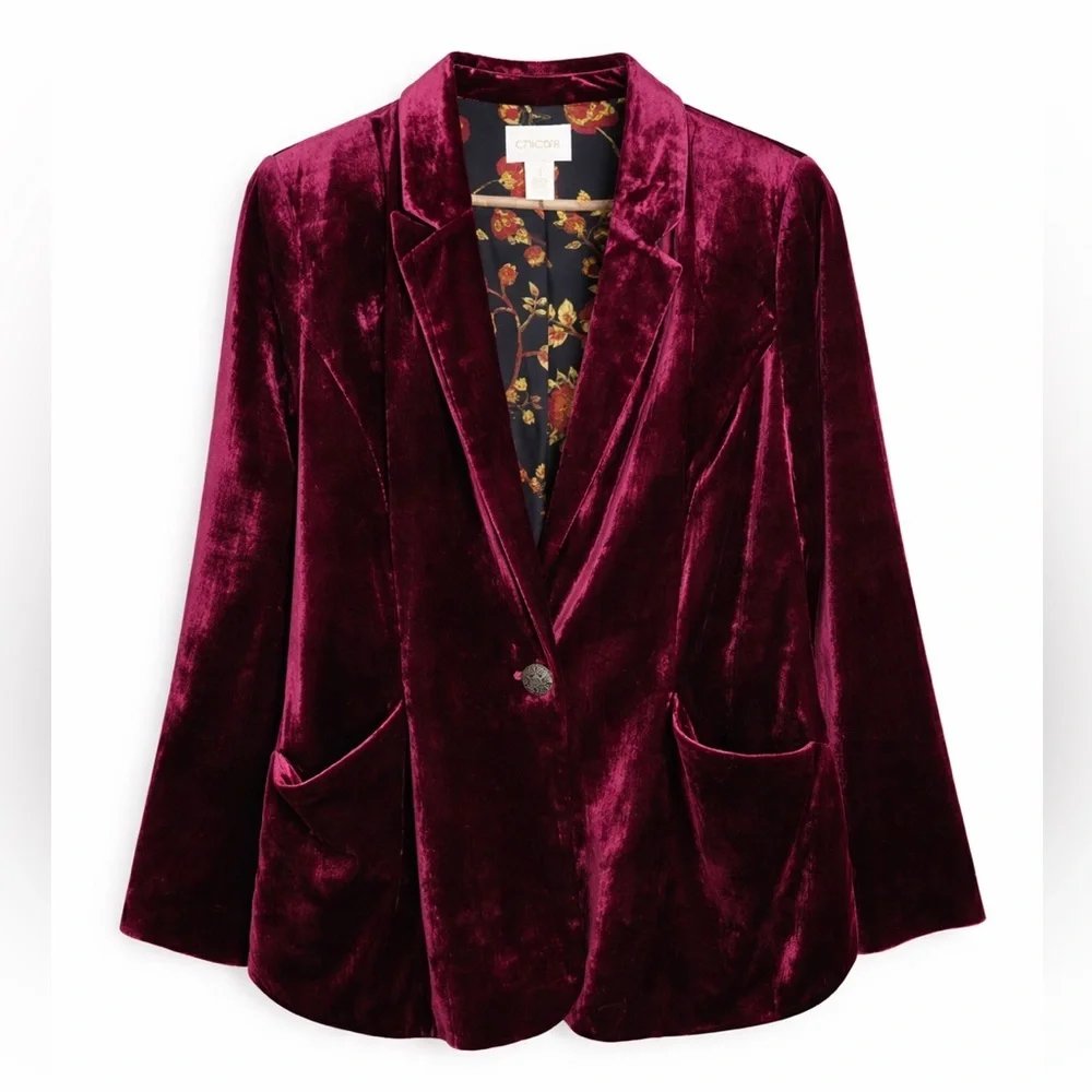 Chico’s Velvet Blazer Size M Wine Plum Burgundy Floral Lining Holiday Party